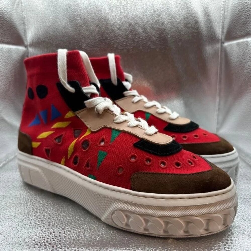 Size 41 - Casadei Womens Red High Top Suede Round Toe Designer Sneakers 054448